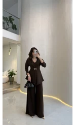 Beli Toka Detaylı Bluz Pantolon Takım - Kahverengi - Kod: 9399