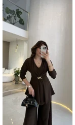 Beli Toka Detaylı Bluz Pantolon Takım - Kahverengi - Kod: 9399