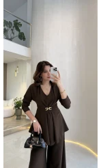 Beli Toka Detaylı Bluz Pantolon Takım - Kahverengi - Kod: 9399