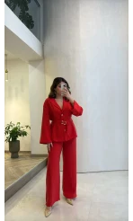 Toka Detay Kemerli Tunik Takım - Kırmızı - Kod: 8927