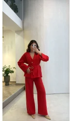 Toka Detay Kemerli Tunik Takım - Kırmızı - Kod: 8927