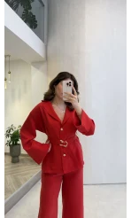 Toka Detay Kemerli Tunik Takım - Kırmızı - Kod: 8927