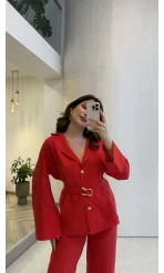 Toka Detay Kemerli Tunik Takım - Kırmızı - Kod: 8927