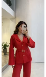 Toka Detay Kemerli Tunik Takım - Kırmızı - Kod: 8927