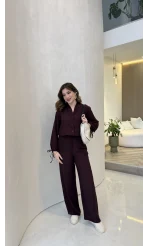 Library V Yaka Bilek Detaylı Gömlek Takım - Mürdüm - Kod: 9050