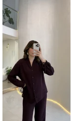 Library V Yaka Bilek Detaylı Gömlek Takım - Mürdüm - Kod: 9050