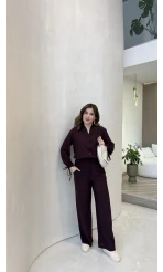 Library V Yaka Bilek Detaylı Gömlek Takım - Mürdüm - Kod: 9050