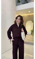 Library V Yaka Bilek Detaylı Gömlek Takım - Mürdüm - Kod: 9050