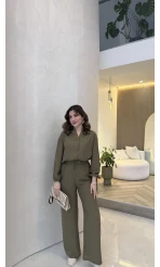 Library V Yaka Bilek Detaylı Gömlek Takım - Haki - Kod: 9050