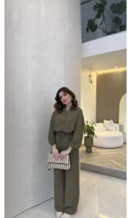 Library V Yaka Bilek Detaylı Gömlek Takım - Haki - Kod: 9050