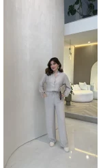 Library V Yaka Bilek Detaylı Gömlek Takım - Taş - Kod: 9050