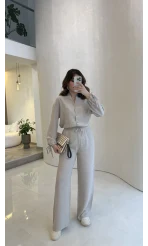 Library V Yaka Bilek Detaylı Gömlek Takım - Taş - Kod: 9050