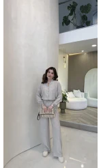 Library V Yaka Bilek Detaylı Gömlek Takım - Taş - Kod: 9050