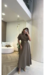 Kemer Detay Düğmeli Kısa Kol Elbise - Haki - Kod: 2376