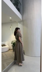 Kemer Detay Düğmeli Kısa Kol Elbise - Haki - Kod: 2376