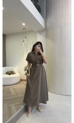 Kemer Detay Düğmeli Kısa Kol Elbise - Haki - Kod: 2376