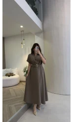 Kemer Detay Düğmeli Kısa Kol Elbise - Haki - Kod: 2376