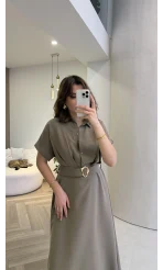 Kemer Detay Düğmeli Kısa Kol Elbise - Haki - Kod: 2376