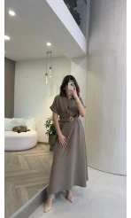 Kemer Detay Düğmeli Kısa Kol Elbise - Haki - Kod: 2376