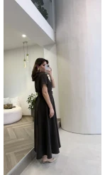 Kemer Detay Düğmeli Kısa Kol Elbise - Kahve - Kod: 2376