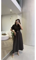 Kemer Detay Düğmeli Kısa Kol Elbise - Kahve - Kod: 2376