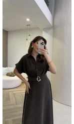 Kemer Detay Düğmeli Kısa Kol Elbise - Kahve - Kod: 2376