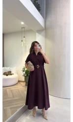 Kemer Detay Düğmeli Kısa Kol Elbise - Mürdüm - Kod: 2376