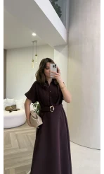 Kemer Detay Düğmeli Kısa Kol Elbise - Mürdüm - Kod: 2376