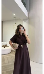 Kemer Detay Düğmeli Kısa Kol Elbise - Mürdüm - Kod: 2376