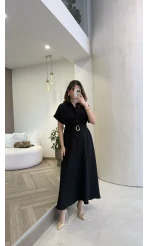 Kemer Detay Düğmeli Kısa Kol Elbise - Siyah - Kod: 2376