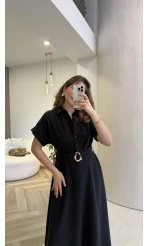 Kemer Detay Düğmeli Kısa Kol Elbise - Siyah - Kod: 2376