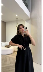 Kemer Detay Düğmeli Kısa Kol Elbise - Siyah - Kod: 2376