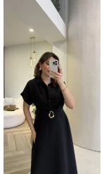 Kemer Detay Düğmeli Kısa Kol Elbise - Siyah - Kod: 2376