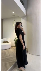 Kemer Detay Düğmeli Kısa Kol Elbise - Siyah - Kod: 2376