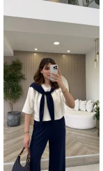 Fular Detaylı Modal T-shirt Eşofman Takım - Lacivert - Kod: 4116