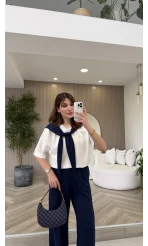 Fular Detaylı Modal T-shirt Eşofman Takım - Lacivert - Kod: 4116