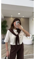 Fular Detaylı Modal T-shirt Eşofman Takım - Kahverengi - Kod: 4116