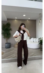 Fular Detaylı Modal T-shirt Eşofman Takım - Kahverengi - Kod: 4116