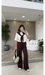 Fular Detaylı Modal T-shirt Eşofman Takım - Kahverengi - Kod: 4116