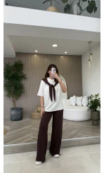 Fular Detaylı Modal T-shirt Eşofman Takım - Kahverengi - Kod: 4116