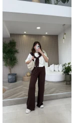 Fular Detaylı Modal T-shirt Eşofman Takım - Kahverengi - Kod: 4116