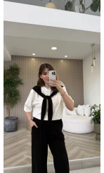 Fular Detaylı Modal T-shirt Eşofman Takım - Siyah - Kod: 4116