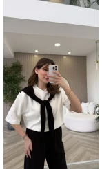 Fular Detaylı Modal T-shirt Eşofman Takım - Siyah - Kod: 4116