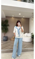 Fular Detaylı Modal T-shirt Eşofman Takım - Mavi - Kod: 4116