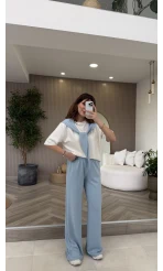 Fular Detaylı Modal T-shirt Eşofman Takım - Mavi - Kod: 4116