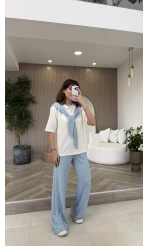 Fular Detaylı Modal T-shirt Eşofman Takım - Mavi - Kod: 4116