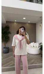 Fular Detaylı Modal T-shirt Eşofman Takım - Pembe - Kod: 4116