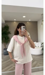 Fular Detaylı Modal T-shirt Eşofman Takım - Pembe - Kod: 4116