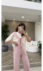 Fular Detaylı Modal T-shirt Eşofman Takım - Pembe - Kod: 4116