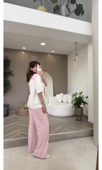 Fular Detaylı Modal T-shirt Eşofman Takım - Pembe - Kod: 4116